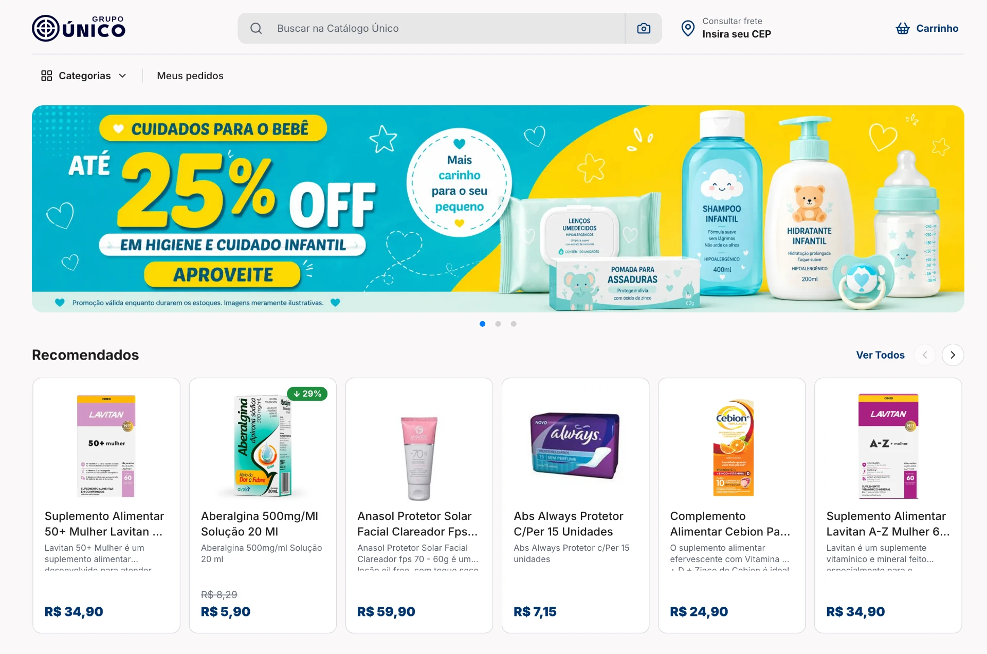 Tela inicial do Catálogo Inteligente Único: vitrine com busca, banner de ofertas e produtos da farmácia